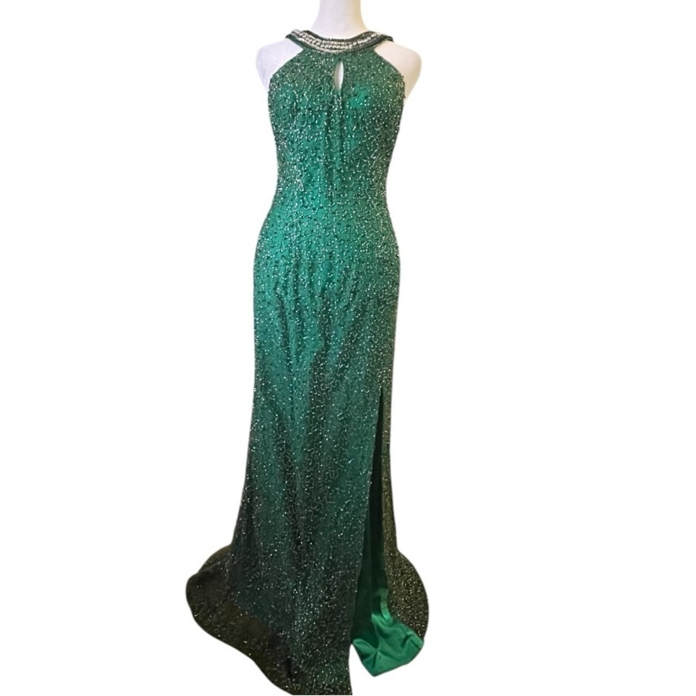 Shail K Sequined Beaded Prom Formal Cruise Green Evening Gown - Picture 3 of 16
